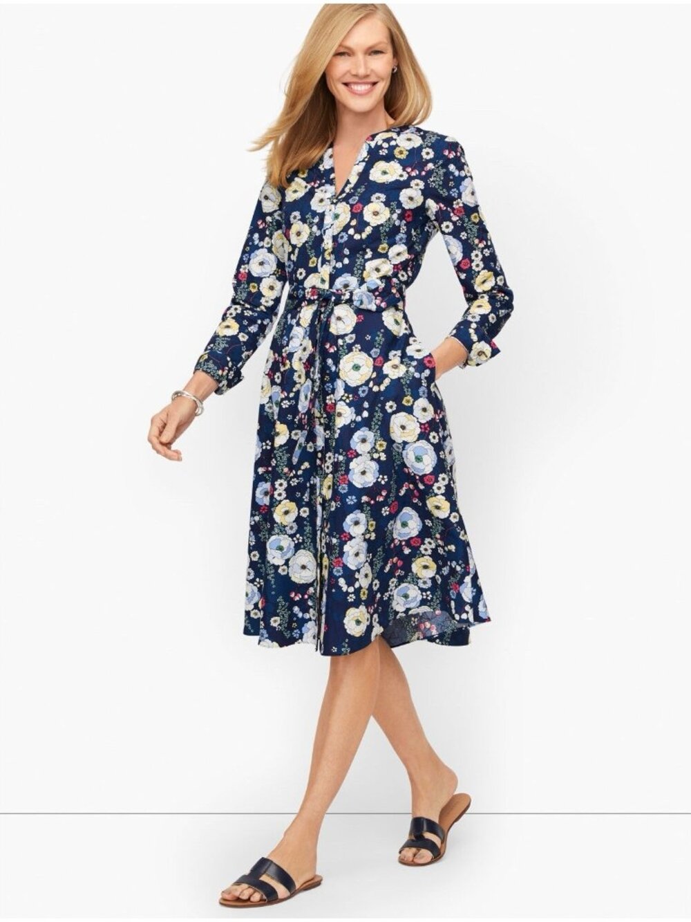 Talbots Falling Blossoms Midi Belted Dress Size 12 NWT Floral Blue